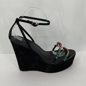 Schutz Loule platform wedge sandals black rainbow crystals Pride ankle strap 11